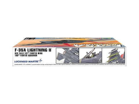 Box of F-35A Lightning II Model Kit 1 To 72 Scale With 143 Parts, Skill Level 4, showing detailed aircraft design photos