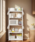 Five Tier Storage Rack For Kitchen And Laundry Room Height Adjustable Microwave Cart Rock Solid Steel Frame with microwave and food items.