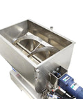 Heavy Duty 100 To 1000 ML Paste Filling Mixing Machine With Horizontal Heating Hopper And Pneumatic Liquid Filler Built Real Tough For Sauces Creams Oils Using 304 Stainless Steel, showing stainless steel mixing hopper.