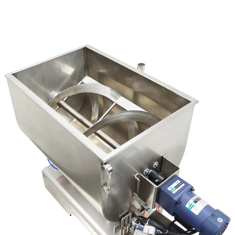 Heavy Duty 100 To 1000 ML Paste Filling Mixing Machine With Horizontal Heating Hopper And Pneumatic Liquid Filler Built Real Tough For Sauces Creams Oils Using 304 Stainless Steel, showing stainless steel mixing hopper.