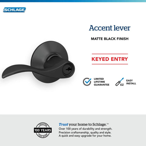 Accent Door Lever With Keyed Entry Lock In Matte Black Easy Install shown against a white background