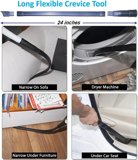 All In One Vacuum Attachments Kit With Universal Hose Adapters flexible crevice tool cleaning under furniture, sofa, and car seat