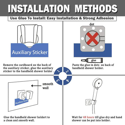 Installation guide for Heavy Duty Brass Shower Head Holder Wall Mount Bracket With 360 Degree Adjustable Rotating Mount, Adhesive Glue Method