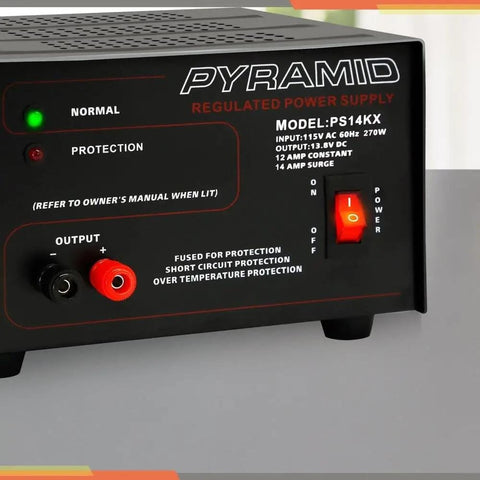 Close-up of Pyramid model PS14KX, a Beefy 12 Amp Linear Regulated Benchtop Power Supply With 12V DC Output For Your Home Lab.
