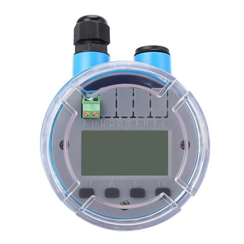 Front view of Ultrasonic Water Level Sensor With Digital LED Display And Plug And Play Setup For 0-5 m Range 4-20mA Analog Output Tank And Reservoir