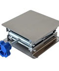 Angled-front view of stainless steel lab jack stand with 4 by 4 in platform and blue adjustment knob