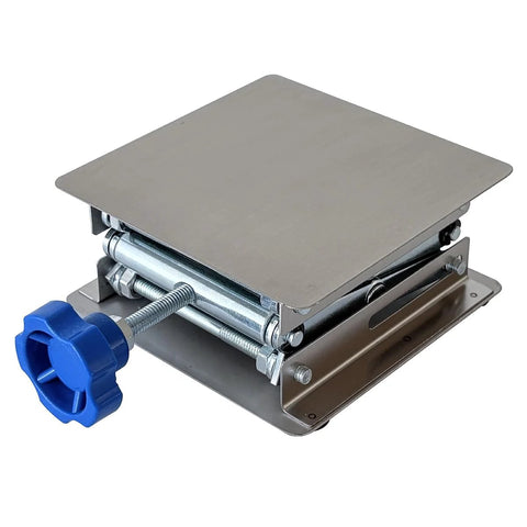 Angled-front view of stainless steel lab jack stand with 4 by 4 in platform and blue adjustment knob