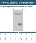 Diagram showing size chart for 40 x 84 Inch Solid Wood Paneled Sliding Barn Door With Brushed Nickel Hardware Kit.