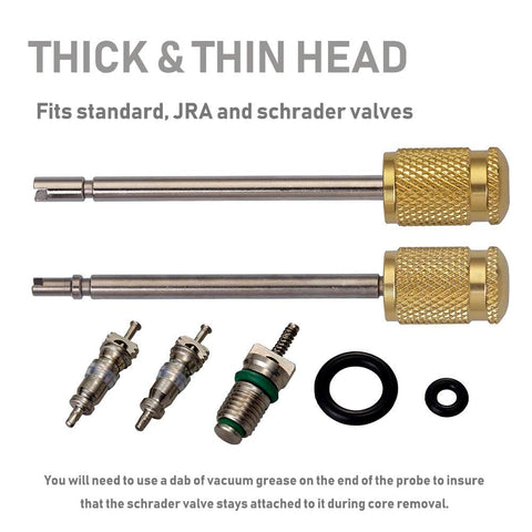 Air Conditioning Valve Core Remover And Installer Tool Set For R134A And R1234YF with thick and thin heads and valve parts