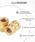 All In One 330 Piece Knurled Threaded Insert Kit Brass Embedment Nuts Set M2 M3 M4 M5 Female Threads For Wood Plastic Metal Versatile Assortment With Durable Clear Box Storage shown with advantages of strength, wear protection, heat resistance, and durability.