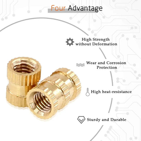 All In One 330 Piece Knurled Threaded Insert Kit Brass Embedment Nuts Set M2 M3 M4 M5 Female Threads For Wood Plastic Metal Versatile Assortment With Durable Clear Box Storage shown with advantages of strength, wear protection, heat resistance, and durability.
