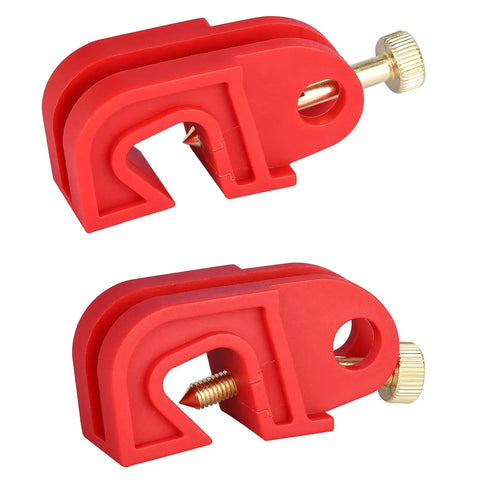 Two red clamps from the Universal Circuit Breaker Lockout Device Kit 20 Pack Locks Out Most Single And Multi Pole ISO DIN Breakers Durable Polypropylene Construction DIY Safe Lockout Tool For Electrical Safety On The Shop Floor And Industrial Panels
