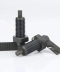 Heavy Duty L Handle Indexing Plunger With Fine Thread M12 Lock Nut And Spring Loaded Thumb Screw For Zero Slack Jigs Cnc Machines And Shop Fixtures Black, featuring steel body and spring thumb screw.