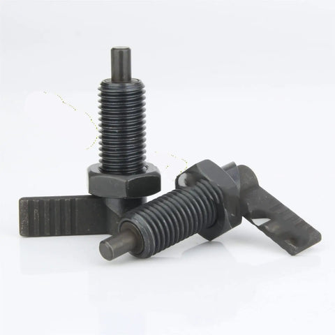 Heavy Duty L Handle Indexing Plunger With Fine Thread M12 Lock Nut And Spring Loaded Thumb Screw For Zero Slack Jigs Cnc Machines And Shop Fixtures Black, featuring steel body and spring thumb screw.