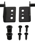 Pair of heavy duty iron hinges with bushings and protective plastic caps for wooden doors and cabinets.