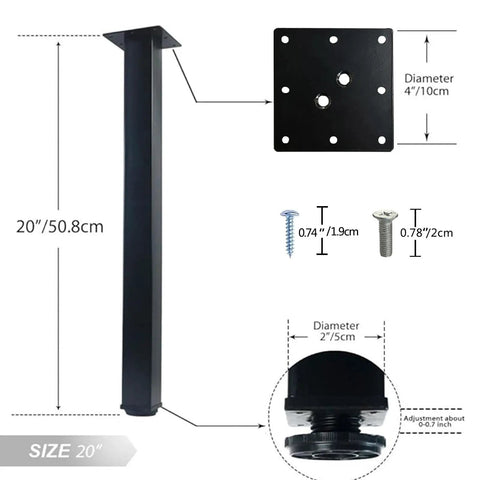 20 Inch Square Adjustable Metal Table Legs Set Of 4 With Leveling Feet, showing dimensions and components.