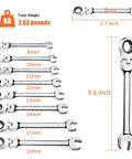 8 Piece Flex Head Ratcheting Wrench Set with 8 to 19 Millimeter Metric Chrome Vanadium Steel Wrenches, displayed with sizes