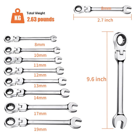 8 Piece Flex Head Ratcheting Wrench Set with 8 to 19 Millimeter Metric Chrome Vanadium Steel Wrenches, displayed with sizes