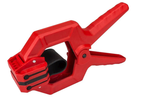 Premium 18 Pack Band Clamps For Edge Clamping Plywood Lamination Cabinet Shelving Steel Bands showing a red plastic clamp tool.
