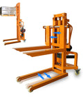 CareArise electric pallet stacker by Amazon, orange, with adjustable forks and base; 660 lb capacity; two units shown.