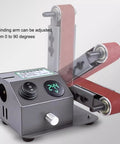 Versatile Wet Dry Belt Sander With Water Attachment For Minimal Dust Grinding And Polishing Metal Wood Plastic Acrylic Stone Adjustable Speed Up To 13000Rpm Includes Ten Abrasive Belts For Precision DIY Projects And Professional Finishing Tasks showing adjustable grinding arm.
