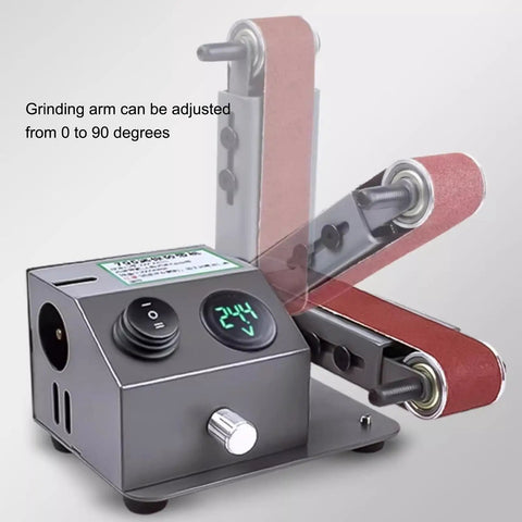 Versatile Wet Dry Belt Sander With Water Attachment For Minimal Dust Grinding And Polishing Metal Wood Plastic Acrylic Stone Adjustable Speed Up To 13000Rpm Includes Ten Abrasive Belts For Precision DIY Projects And Professional Finishing Tasks showing adjustable grinding arm.