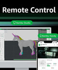 Monitor showing 3D model design with unicorn on screen and phone interface for remote control of Fully Enclosed 3D Printer With Auto Bed Leveling.