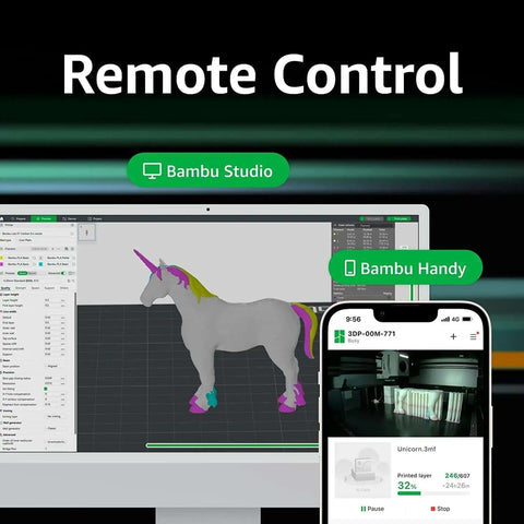 Monitor showing 3D model design with unicorn on screen and phone interface for remote control of Fully Enclosed 3D Printer With Auto Bed Leveling.