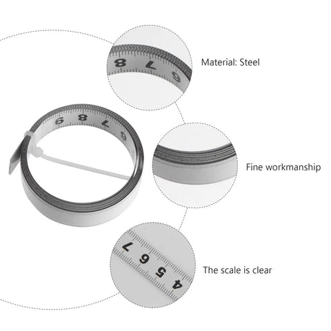 No Fuss Self Adhesive One Meter Steel Metric Track Ruler Tape showing clear scale and fine workmanship, ideal for workbenches.