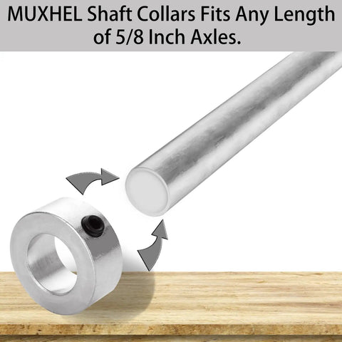12 Pack Five Eighths Inch Bore Shaft Collars, Zinc Plated Solid Carbon Steel Screw Shaft Collars For Industrial Use shown on wooden surface