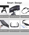 Rechargeable Hands Free Magnifier Headset With Five Detachable Lenses From 0.75X To 4.0X And Three LED Lights showing features
