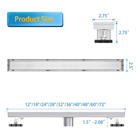 28 Inch Linear Shower Drain With Tile Insert 2 In 1 Panel Brushed Stainless Steel Floor Drain For Bathroom No Rust AISI 304 Construction With Hair Strainer And Adjustable Feet For Easy Install And Fast Drainage, dimensions diagram