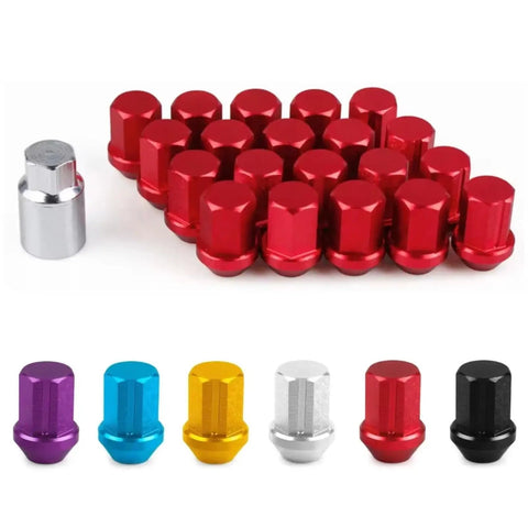 Multiple colored lug nut covers, featuring Red M12x1.25 Hub Nut Bolt Covers Kit For Nissan Cars 20 Pack Universal Racing Wheel Nuts.