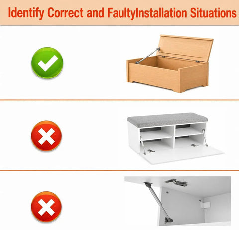 Top Tier Toy Box Hinges 2 Pack With 150N Soft Close Gas Struts For Heavy Lids, correct and faulty installation examples.