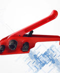 Manual Pet Strap Tensioner Tool With Palm Grip Handles Lightweight Portable Design durable steel frame, red handheld tool.