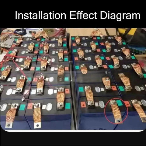 Installation effect of Heavy Duty Flexible Copper Braided Bus Bar For Diy LifePo4 Battery Packs connecting multiple battery cells.