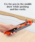 Slick Contour Gauge Scribe Tool With Lock For Woodworking Profile Copying Ruler in use for shape tracing on wall.