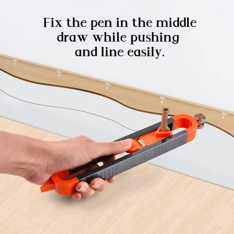 Slick Contour Gauge Scribe Tool With Lock For Woodworking Profile Copying Ruler in use for shape tracing on wall.