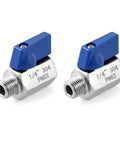 Mini Ball Valve Set Two Pack One Quarter Inch NPT Female To Male Stainless Steel Shutoff Valves with blue handles, 304 stainless steel
