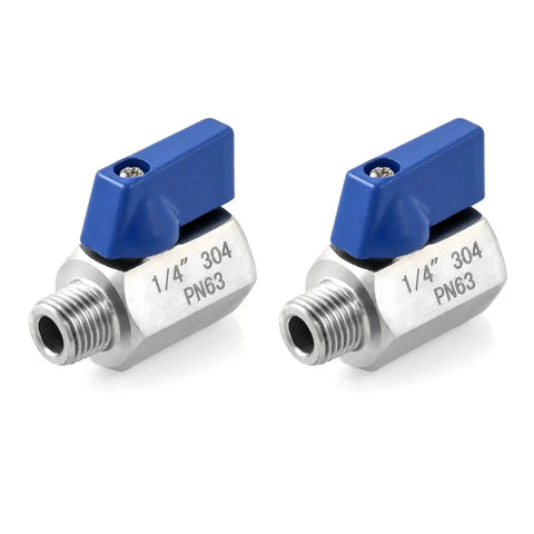 Mini Ball Valve Set Two Pack One Quarter Inch NPT Female To Male Stainless Steel Shutoff Valves with blue handles, 304 stainless steel