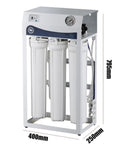 Top Shelf 400 Gpd Reverse Osmosis Water Purification System Hella Pure Direct Drinking Filter showing white filters and digital panel.