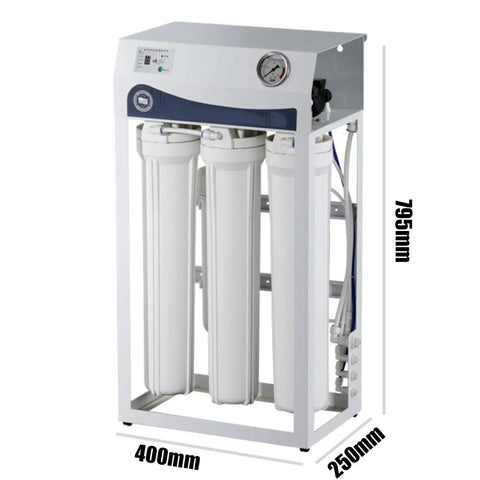 Top Shelf 400 Gpd Reverse Osmosis Water Purification System Hella Pure Direct Drinking Filter showing white filters and digital panel.