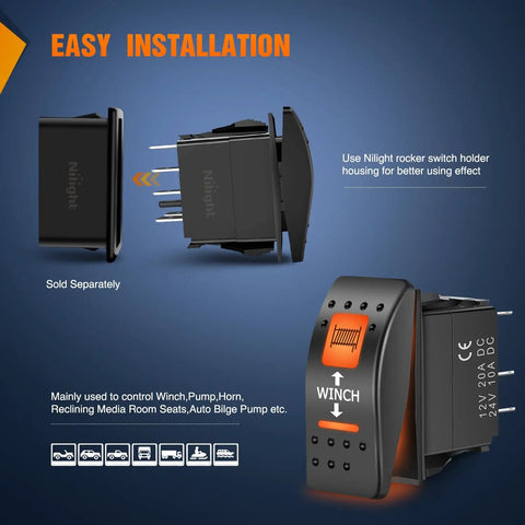 UTV Winch Rocker Switch Momentary With Orange Backlit On Off 7 Pin DPDT For Dual Load Control 20A 12VDC Easy Install Replacement In Winch Panels For Rugged Offroad Use Top Notch with rocker holder and wiring pins