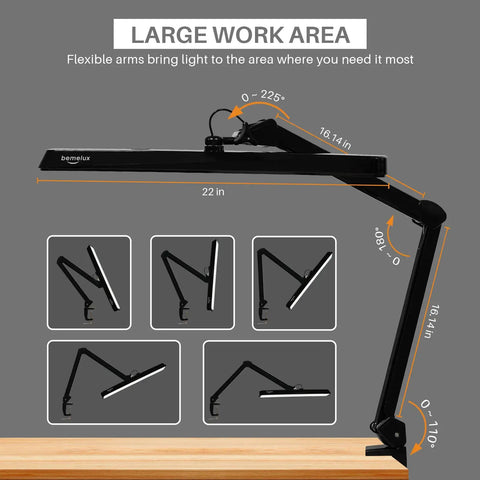 LED Architect Desk Lamp With Clamp, Swing Arm, showcasing 22 inch head and flexible arm angles for drafting and reading, black