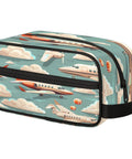 Air Travel Ready Cosmetic Bag For Women featuring airplane design, waterproof material, compact size for on the go toiletries kit.