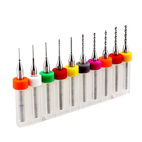 PCB Drill Bit Set Tungsten Carbide Micro Twist Bits For Circuit Boards Pro Precision Thumb Drill Bits 10 Piece Mini Kit displayed.