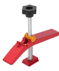 Heavy Duty T Slot Hold Down Clamp Set For Woodworking Aluminum Alloy Tool showing red clamp with black knob and spring mechanism.