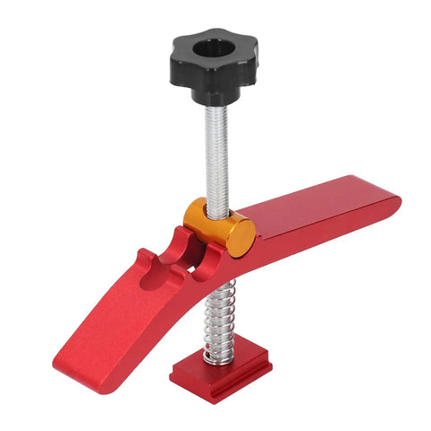 Heavy Duty T Slot Hold Down Clamp Set For Woodworking Aluminum Alloy Tool showing red clamp with black knob and spring mechanism.