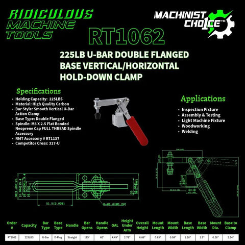 Heavy Hitter Vertical Toggle Clamp 10 Pack Set Delivering 225 Lb Clamping Force, U-bar hold-down clamp with red handle.