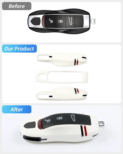 Before and after of a key fob with Key Cover For Porsche Macan Cayenne Panamera 911 Boxster Cayman 718 2010 2019 Hand Painted ABS Shield
